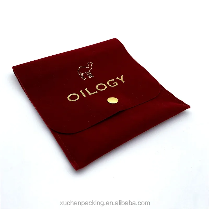 Luxury Packaging Burgundy Color Velvet Necklaces and Bracelets Bags With Button Gold Foil Logo Velvet Envelope Jewelry Pouch