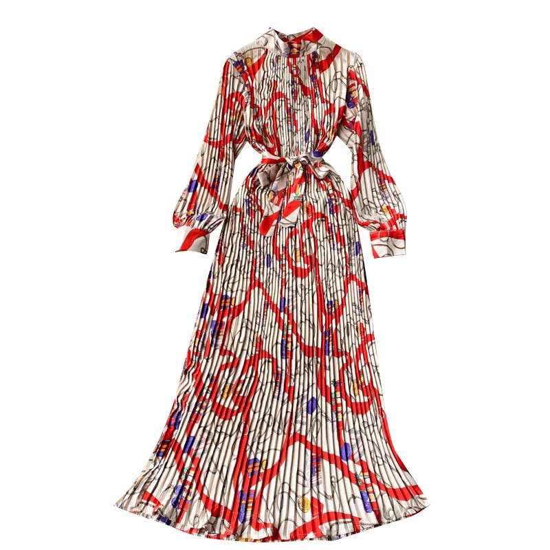 Floral Pleated Casual Career Dresses Long Zim Business Chiffon Dress Korean A Line Office Lady Elegant Dresses