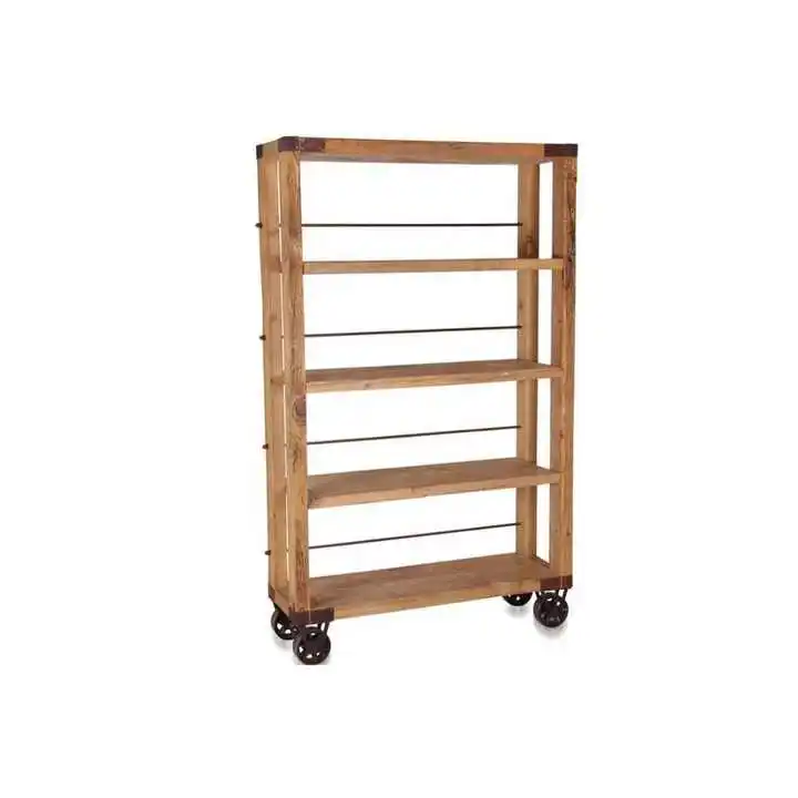 Bookcase 4 Tier Racks Wooden Storage Shelf Leaning Solid Wood Bookcase Furniture Living Room Shelves Metal Wheels Book Shelves