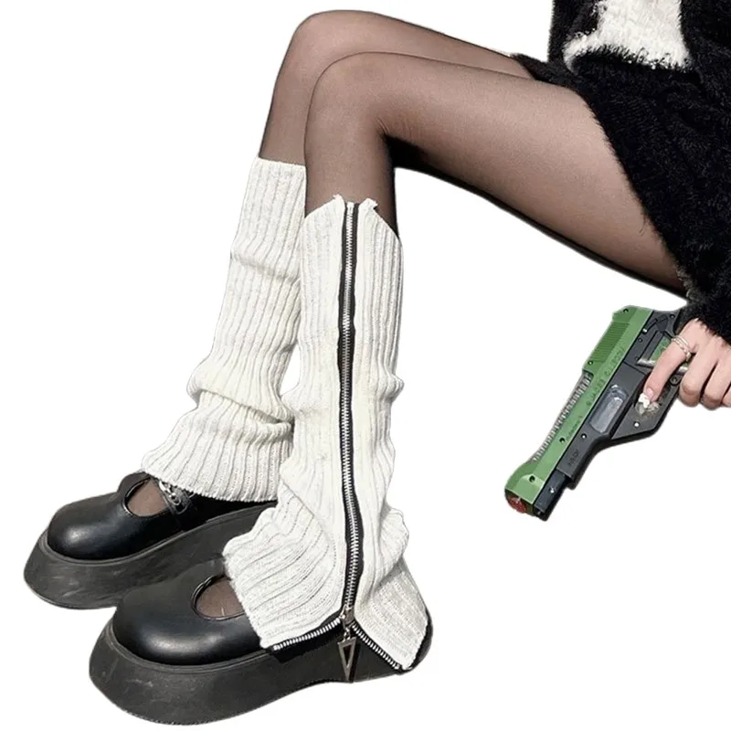 Wholesale Custom Solid Color Women Zip Knit Leg Warmers Ribbed Zipper Side Leg Warmers