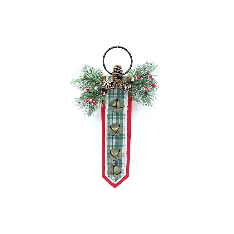 Leaves Embellishment Long Strip Cloth Pendant Shopping Christmas Red Striped Bell Door Hanging Christmas Decorations Green Pine
