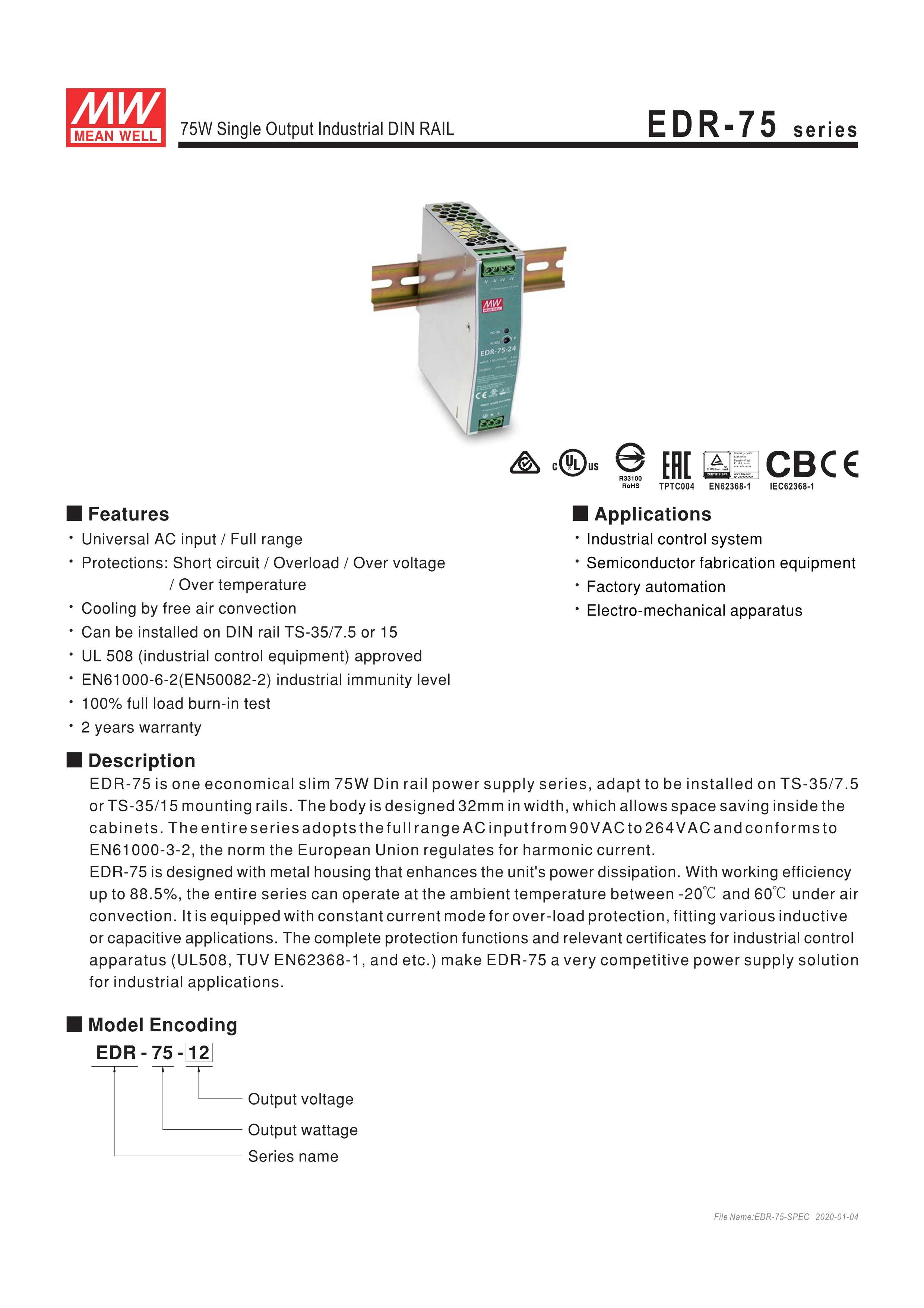 Mean well EDR-75-24 75 Вт 24 в одиночный выход Промышленный источник питания на