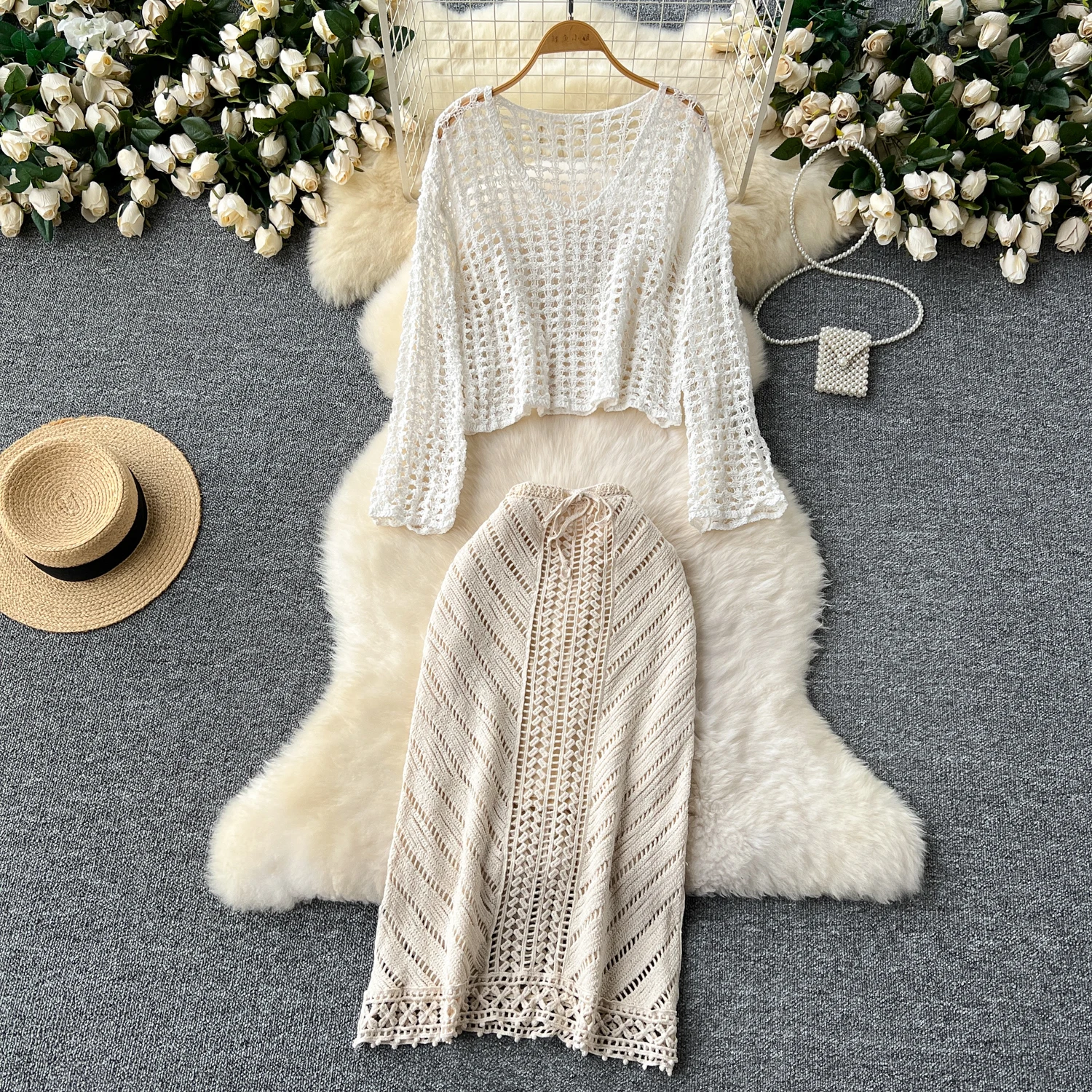 Korean Loose 2 Piece Set For Women Top And High Waist Slim Knitted Hip Skirts Set Ropa Wholesale