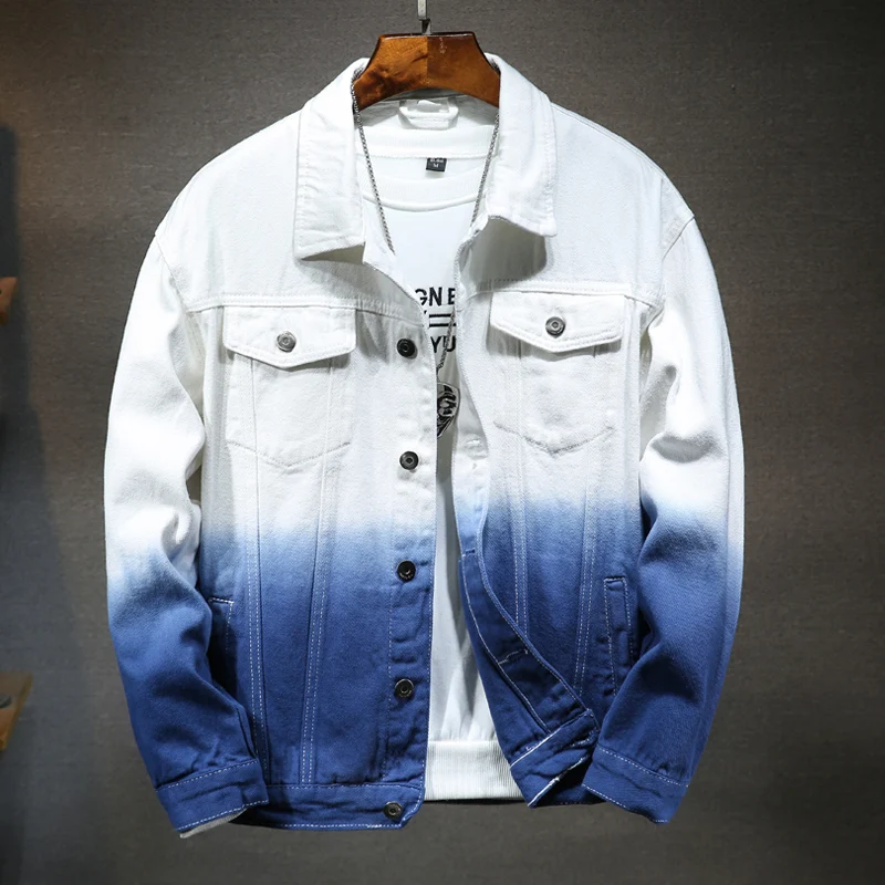 New Denim Jacket Hip Hop Streetwear Fashion Loose Men Gradient Red Blue Black White Design Jeans Jacket