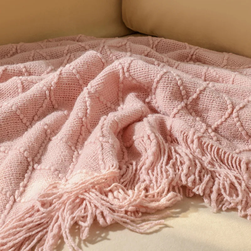Custom 100% Acrylic Knitted Luxury Knit Super Soft Decorative Blanket with Tassels Throw Blanket