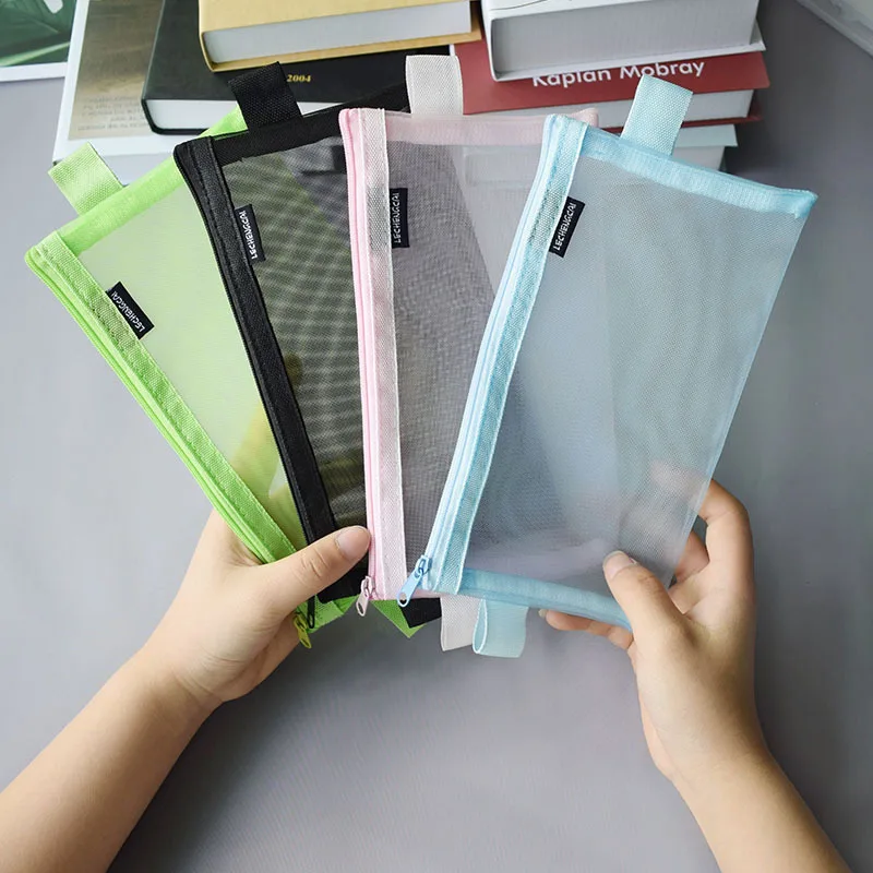 Portable Simple Transparent Large Capacity Mesh Pencil Case for Student Exams