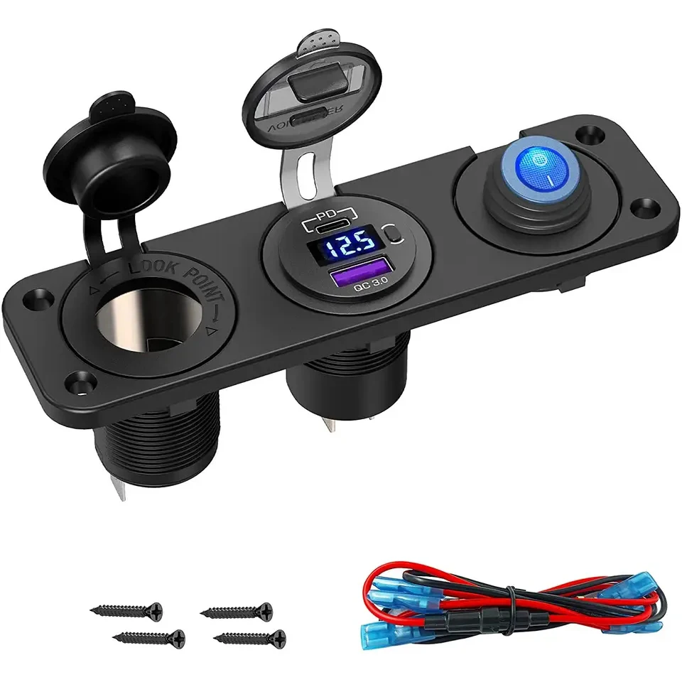 48W PD3.0 & QC3.0 USB C Car Charger and Waterproof Rocker Toggle Switch 12V/24V USB Outlet Panel mount