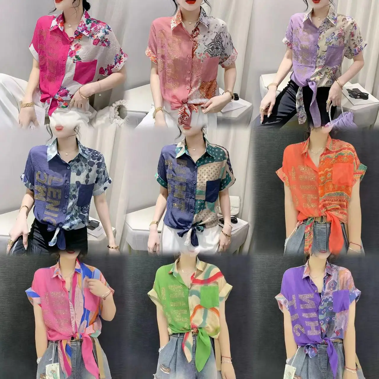Europe 2024 new gradual change loose short-sleeved shirt female summer splicing hot drill fried color knotted blouse wholesale