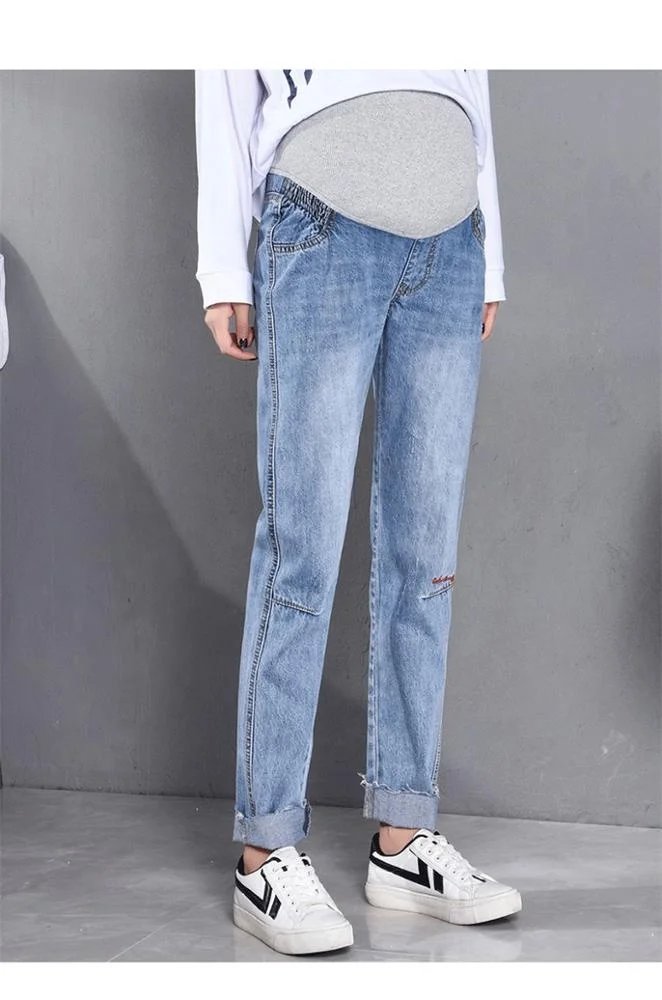 Потертая джинсовая ткань для беременных прямые джинсы стрейтч Осенняя мода Высокая талия живот брюки для беременных женщин