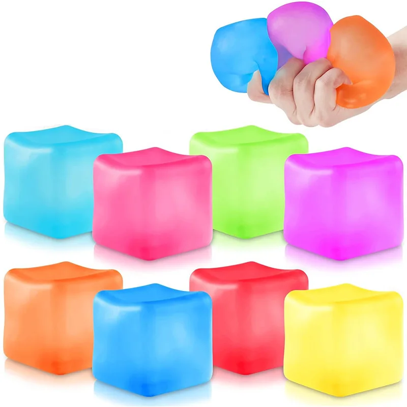 S528 Squeeze Sensory Toys glowing Relief squishy Fidget Toys Decompressed Funny Glitter Blue Ice Cubes Stress Balls for Kids