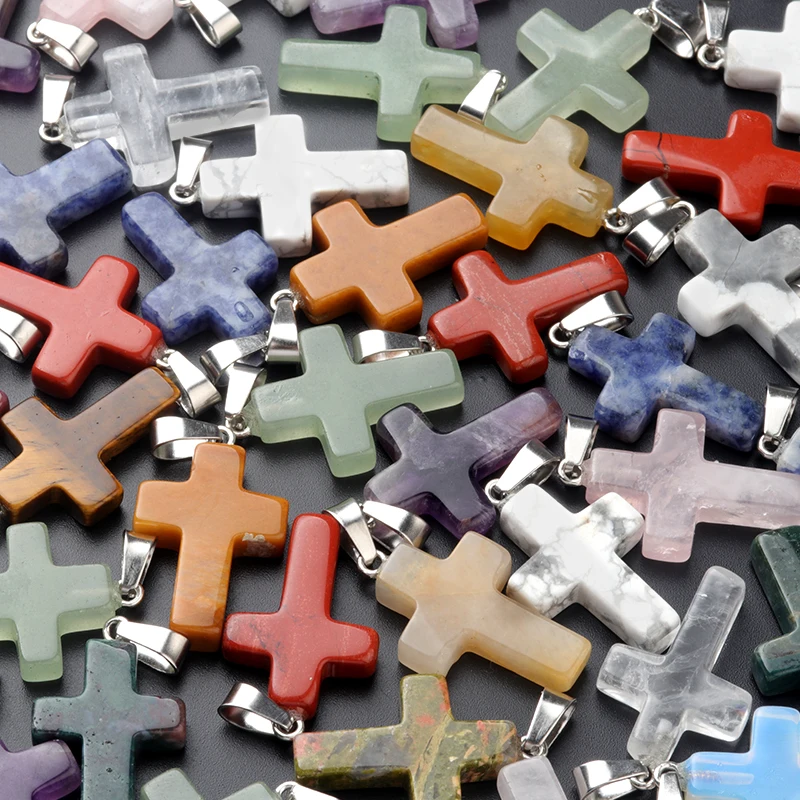 Natural Crystal Gemstones Jade Agate Cross Shaped Assorted Cross Charm Pendant Necklace For DIY Jewelry Making