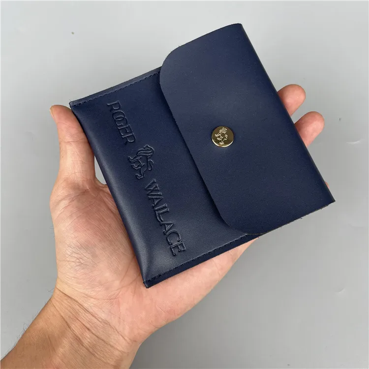 custom snap press button covered envelope shape luxury Engraved hot heat pressure sunk logo small leather purse pouch bag
