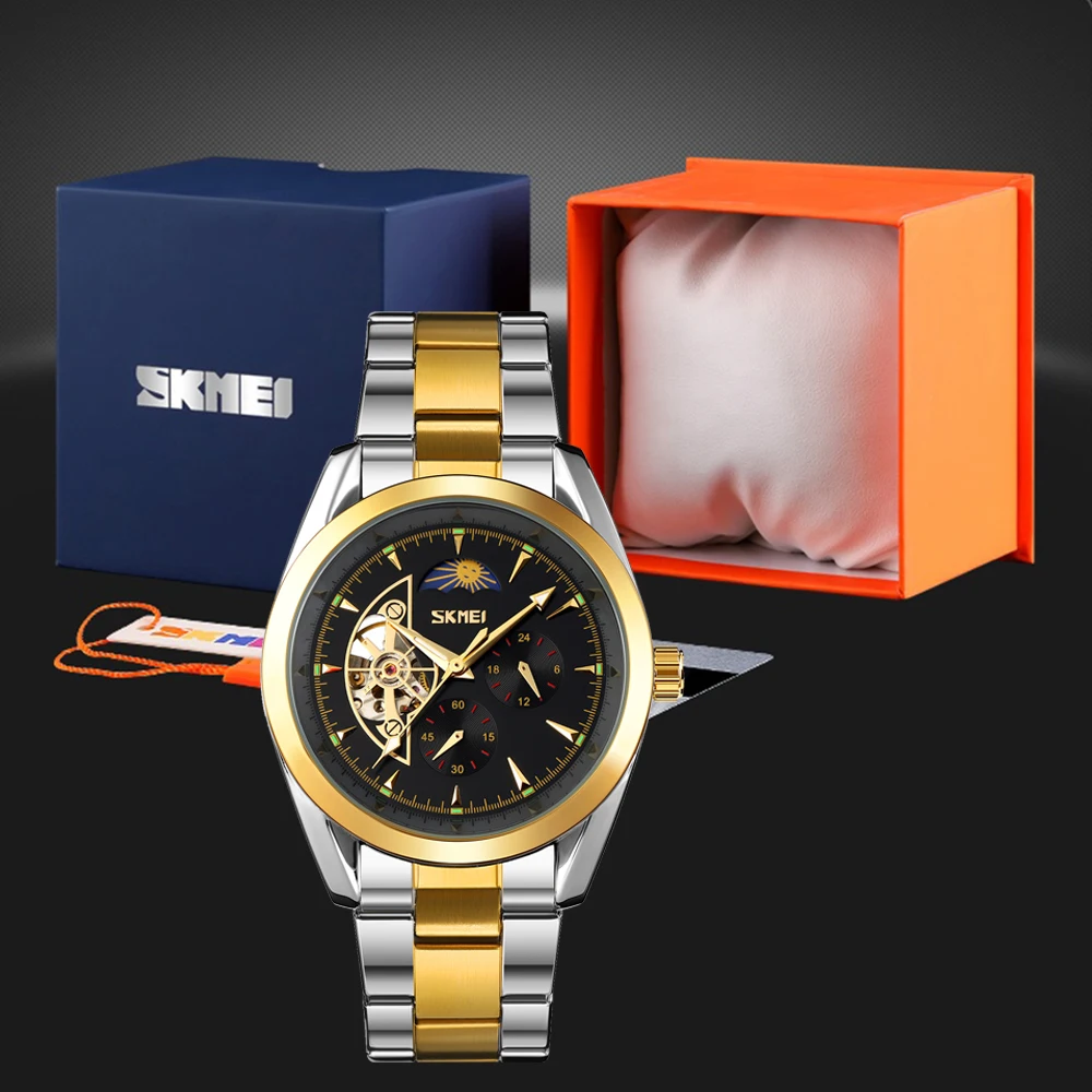 Skmei 9237 moon phase waterproof stainless  steel mechanical watch automatic movement watch men luxury watches