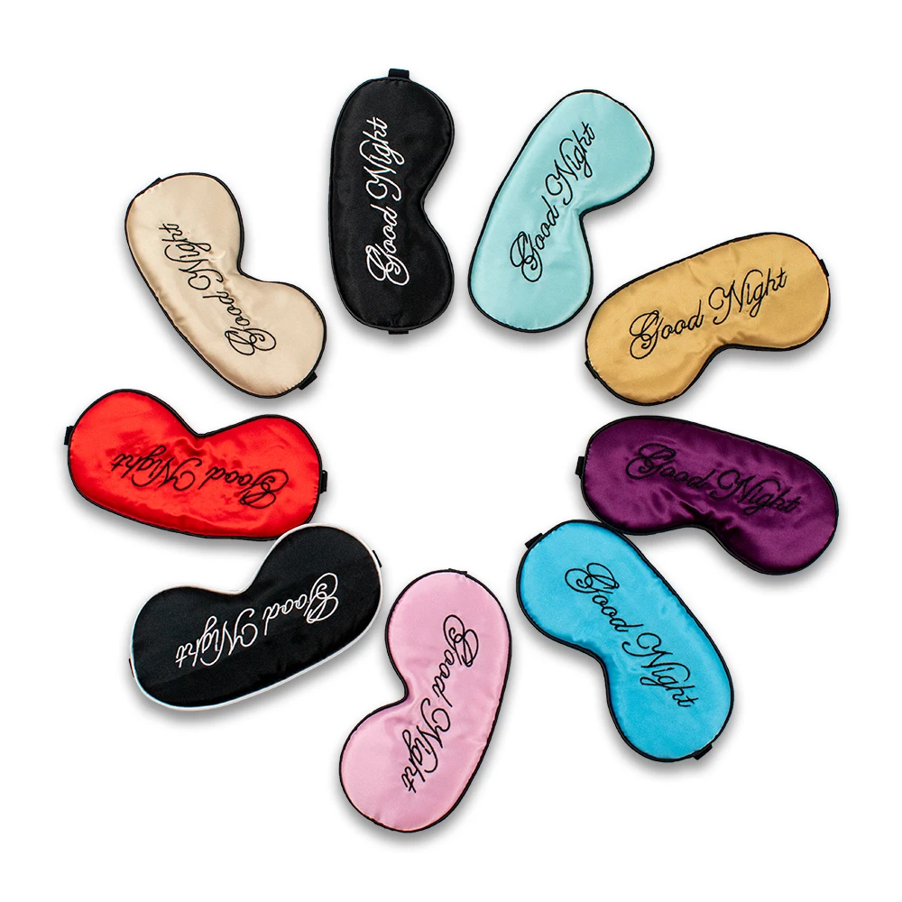 
embroidery good night sleep adjustable eye mask with different colors imitated silk eye cover for hotel 