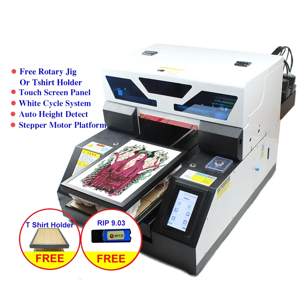 2020 Touch Screen dtg A4 dark T-shirt UV printer Cloth Jeans textile fabric uv Printing machine a4  & White ink cycle system