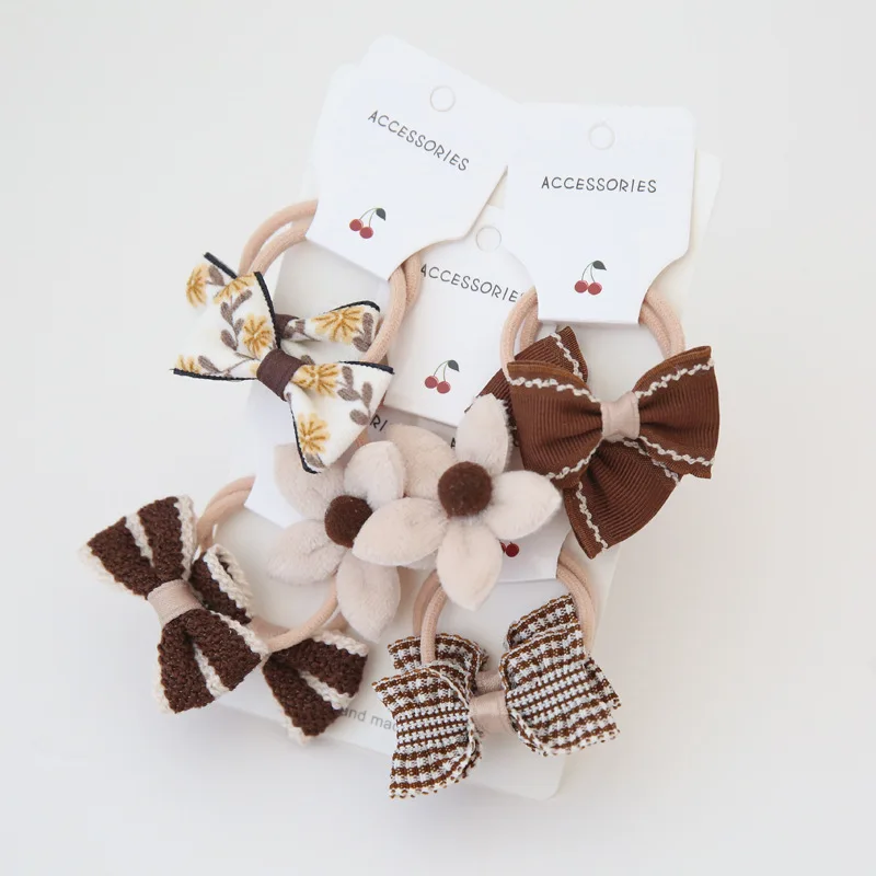 Korean Japanese Style Fabric Hair Ties Set Cute Plaid Checkered Stripe Flower Mesh Elastic Band Kids Hair Accessories