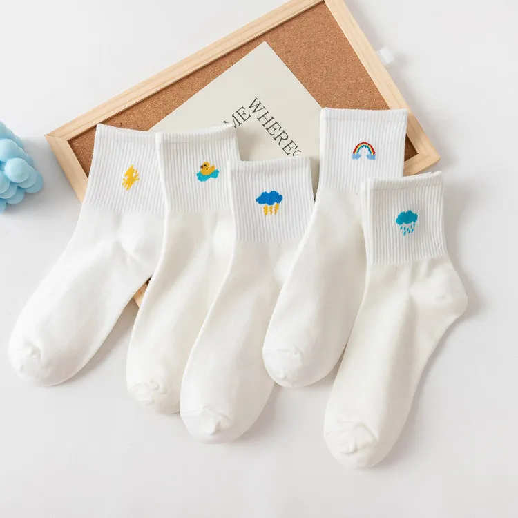 Hot sale weather themed cotton crew socks rainbow thunder cloud rain duck animal socks pure white socks