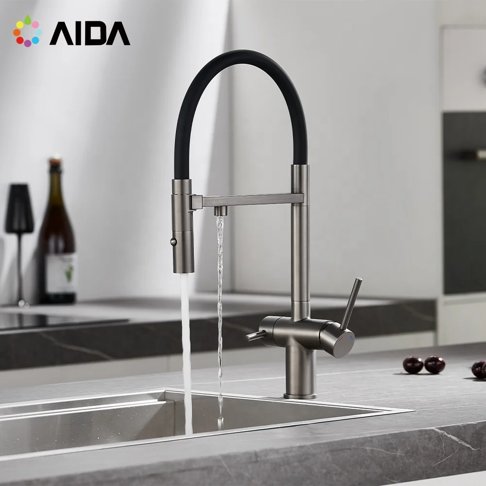 Contemporary Pull Down Spray 360 Degree Rotating Flex Two Handles Gun Grey Kitchen Faucet