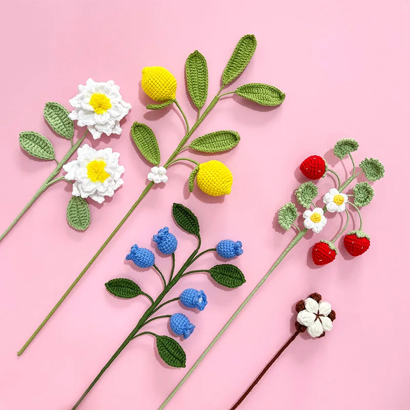 Lemon Strawberry Gardenia Blueberry Cotton Knitted Flowers Christmas Graduation Teacher Gifts Crochet Flowers Bouquet