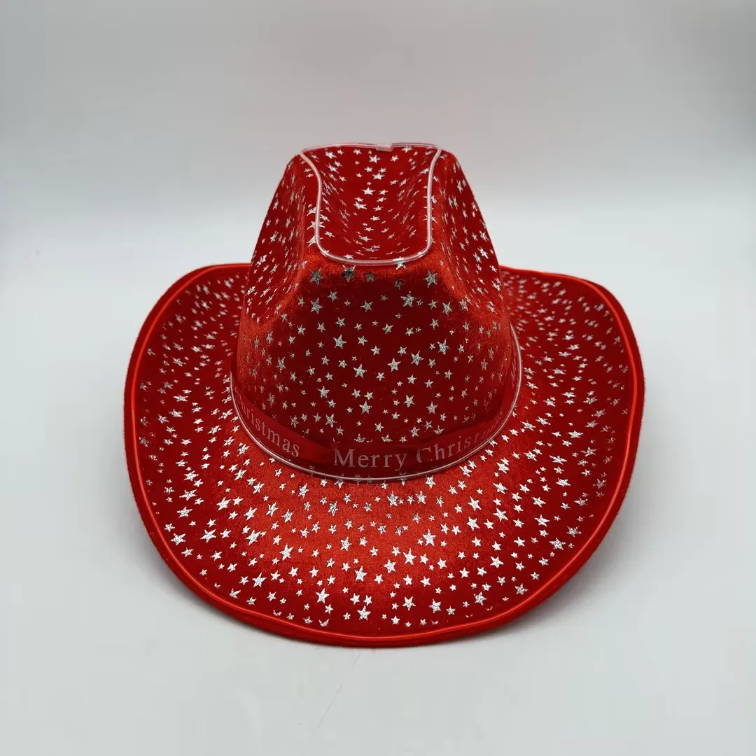 New Plain Fabric Christmas Pattern Led Light up Cowboy Hat Neon EL Wire Cowboy Hats Flashing Blink Lights Cowgirl Hat Christmas