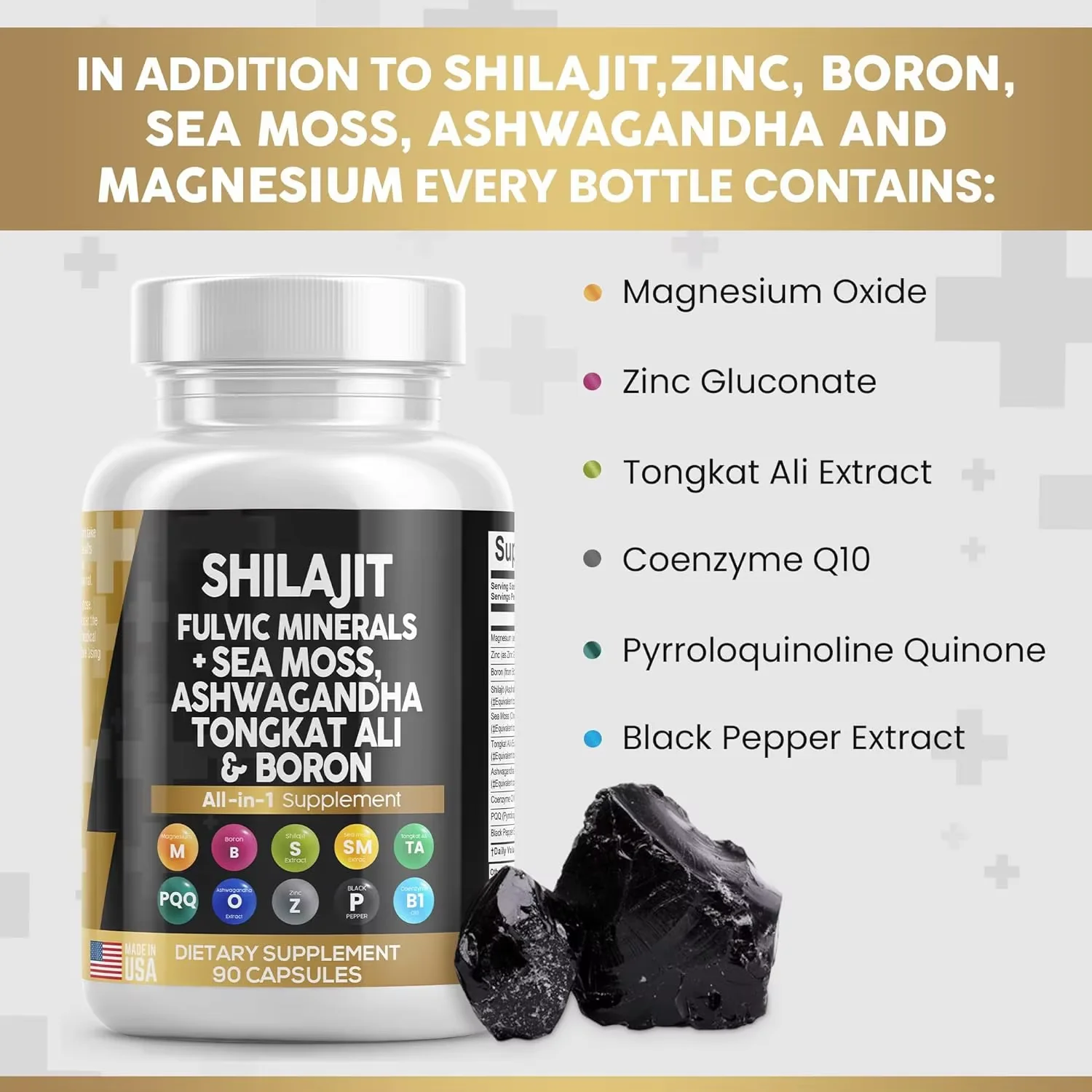 private label Shilajit Supplement 10000mg with Sea Moss Ashwagandha Tongkat Ali Boron Magnesium Fulvic Acid Capsules for Men