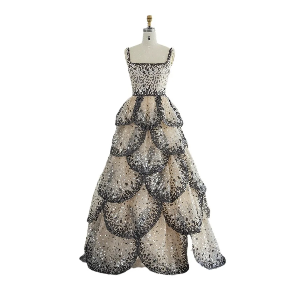 S0855R 2025 new tube top sexy black nude sequin layered ruffled suspender long dress evening dress