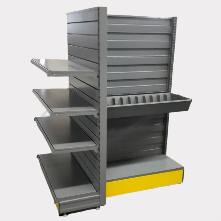 Gondola shelving with hump infill back and bin box for shops and convenience stores
