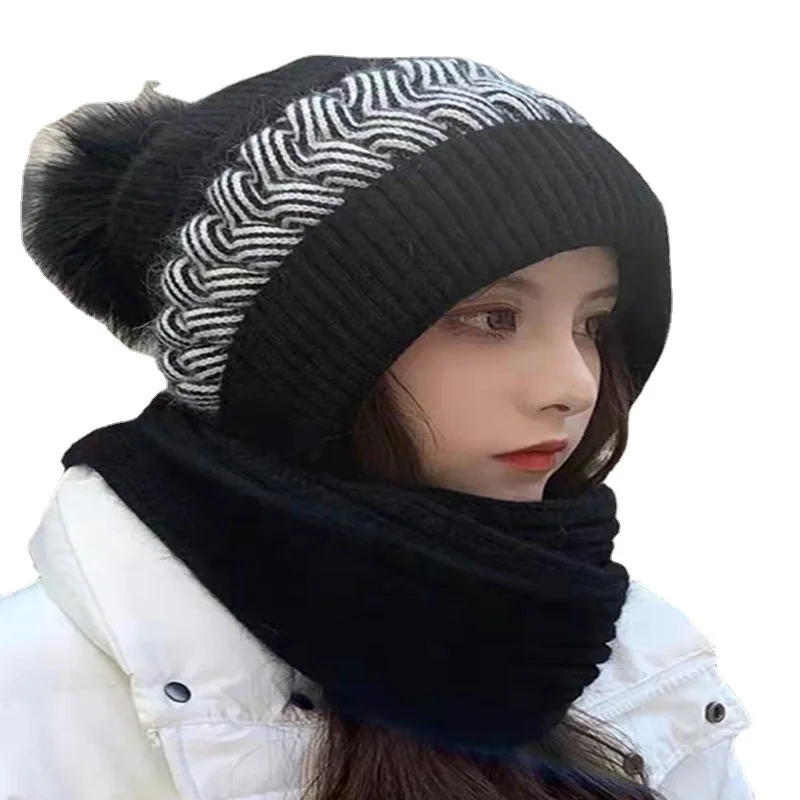 Women All-match Korean Cute Cold-proof Ear Protection Neck Rabbit Fur Winter Scarf And Hat In One