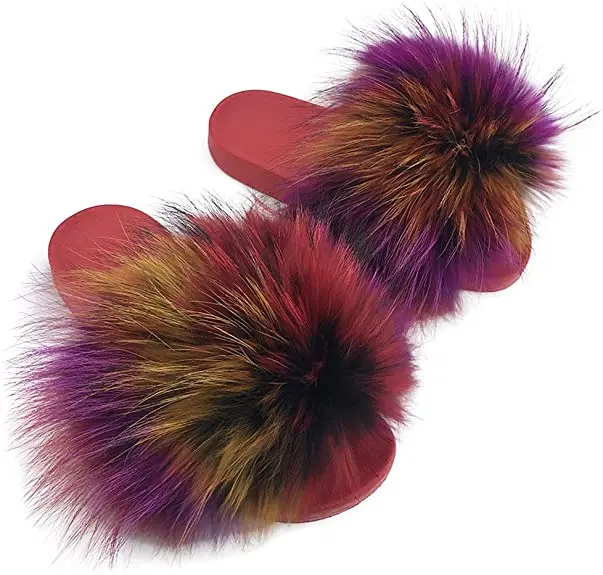Chinese wholesale fluffy custom furry fur slides for ladies rubber summer pvc slipper raccoon fox fur slippers for women