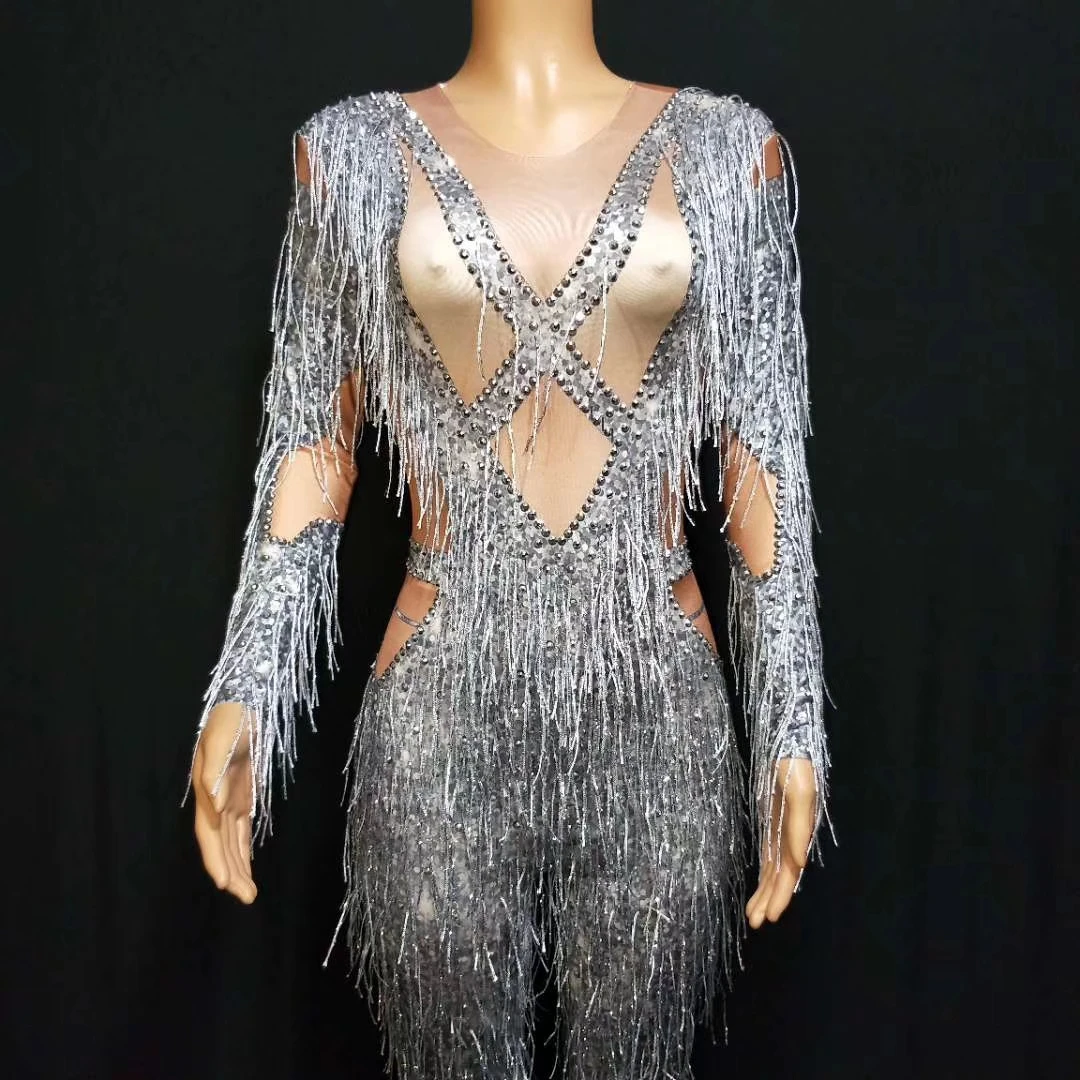 Mono Mujer Fashion Fringes Pole Dance Leotard Showgirl Stage Performance Outfits Sexy Women Bodysuits Club Rhinestone Jumpsuits