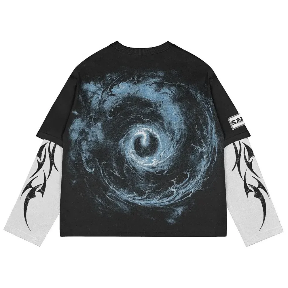 Streetwear Dtg Print Long Sleeve T Shirts Oversized Cotton Acid Wash Tee Double Layer Sleeves Patchwork Vintage T Shirt For Men