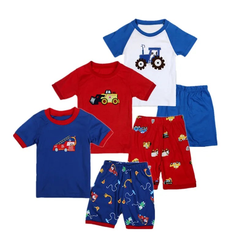 Custom LOGO Packing Toddler Kids Clothing Sets Summer Cotton Tractor Digger Embroidery Shorts Two Piece Boys Outfits