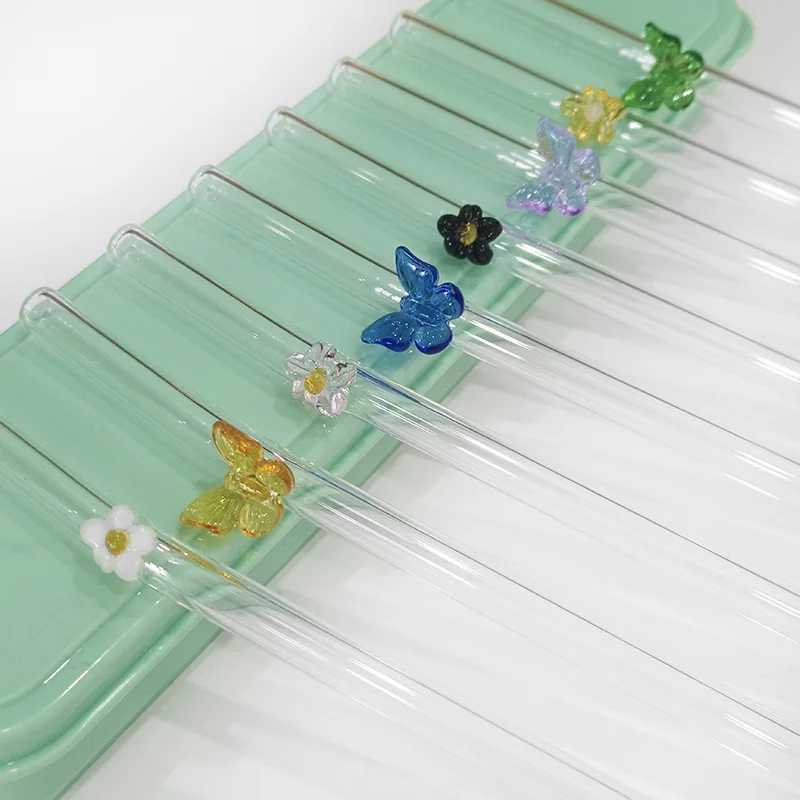 Custom Flower Straight Bent Borosilicate Glass Tube Drinking Reusable Straws for Party Favors Bar