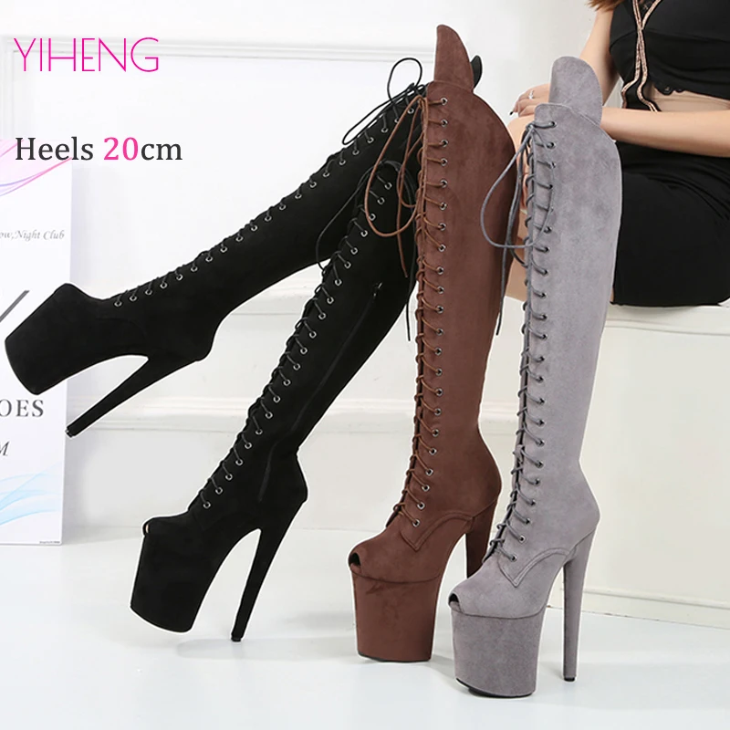 Fashion Ladies Heels Spring Autumn Suede Platform Pole Dancing Shoes 20cm Nightclub Women High Tube Knee High Boots