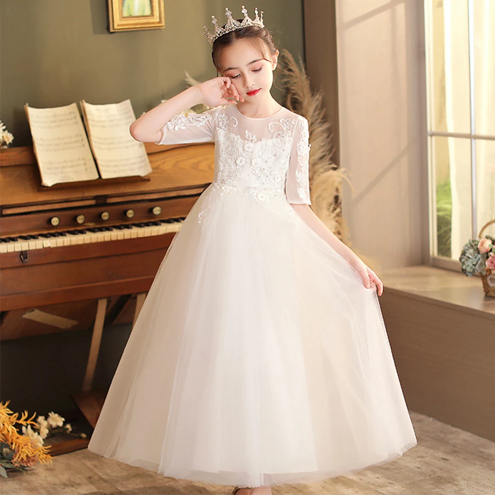 White Flower Girls Dresses With Ribbon Tulle Girls Party Dresses For Wedding