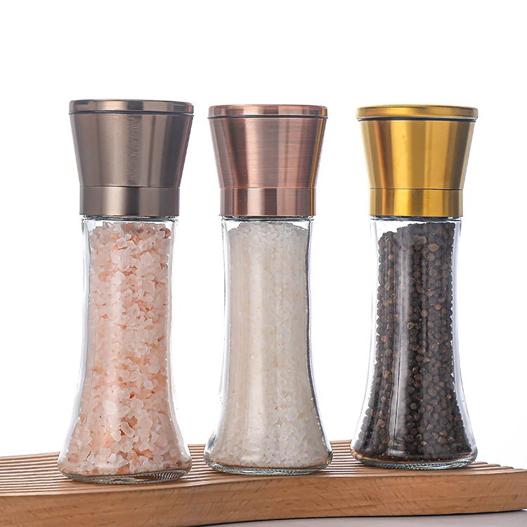 Kitchen Gold Stainless Steel Salt and Pepper Mill Spice Jar Adjustable Glass Manual Grinder Bottle
