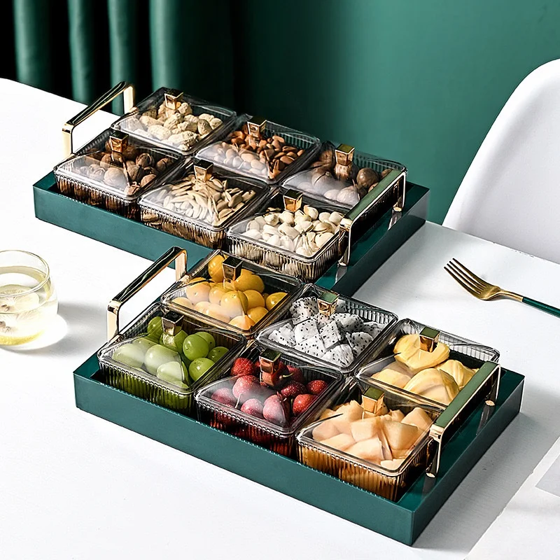 High grade partitioned dry fruit  tray living room household transparent handle dry fruit snack fruit storage box