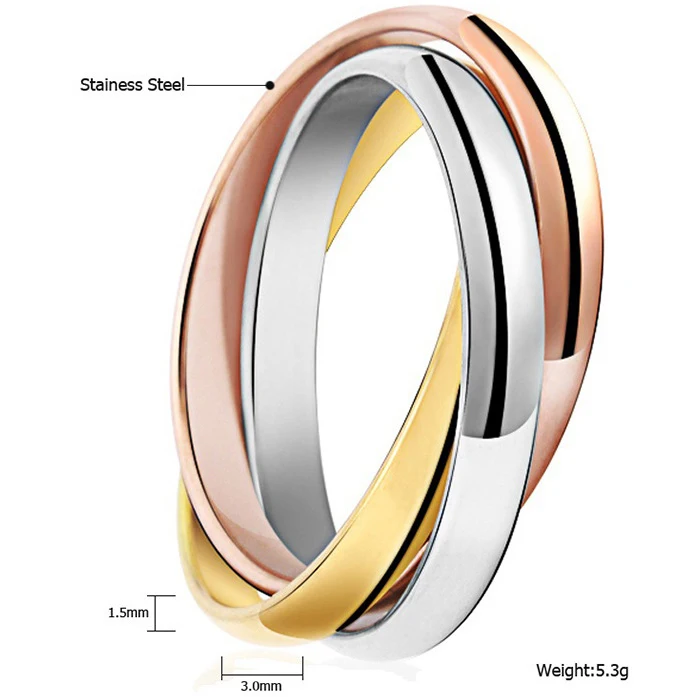 Fashion Custom Jewelry 18K Gold Plated Color Block Triple Rolling Ring Women Titanium Steel Rings