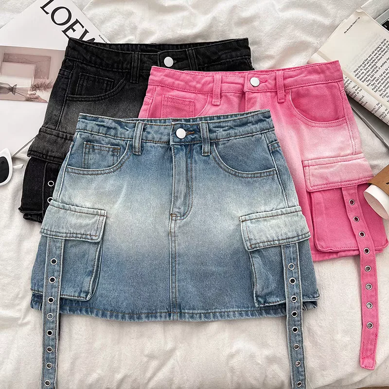 Versatile design gradient color high waist slimming denim skirt workwear short skirt hip hugging skirt A-line women