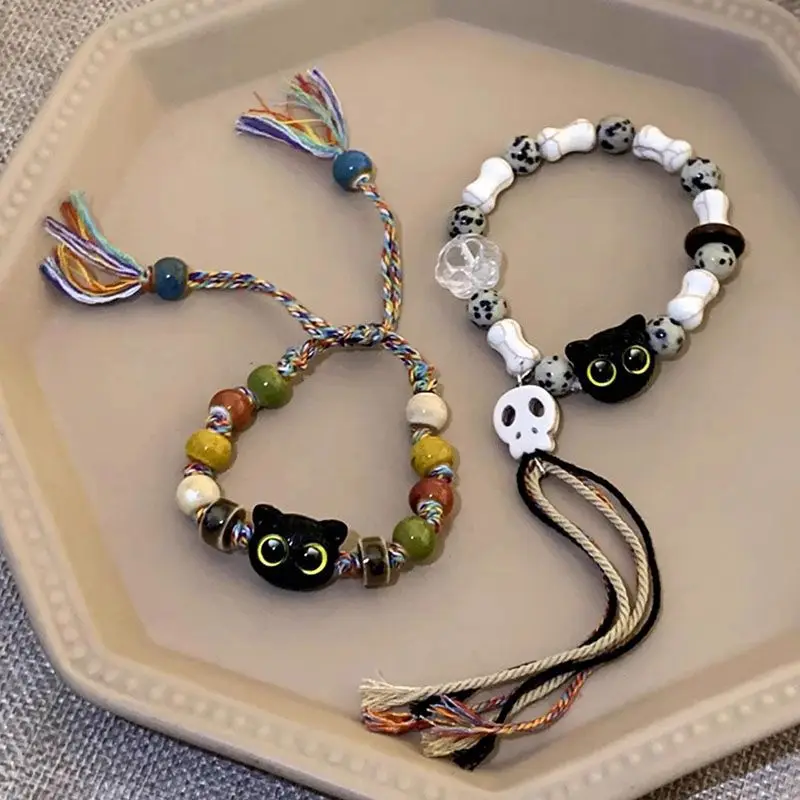 Skull Cat Ceramic Braided Rope Bracelet Personalised Fashion Beaded Jewelry Tassel Colourful Braided Rope Bracelet