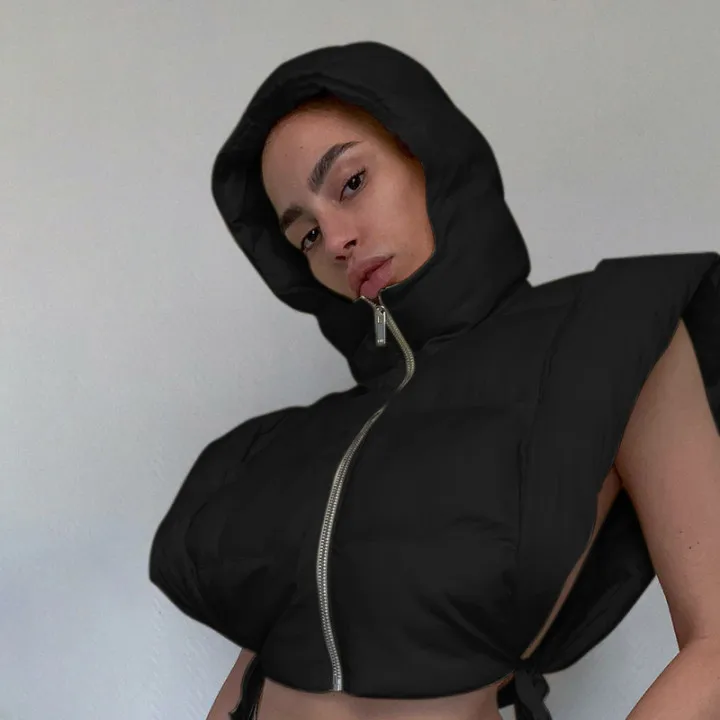 Hot Sale Puff jacket Womens Vest Outerwear Cotton Padded Zipper Ladies Hooded Jacket Custom Puffer Reversible Cropped Vest