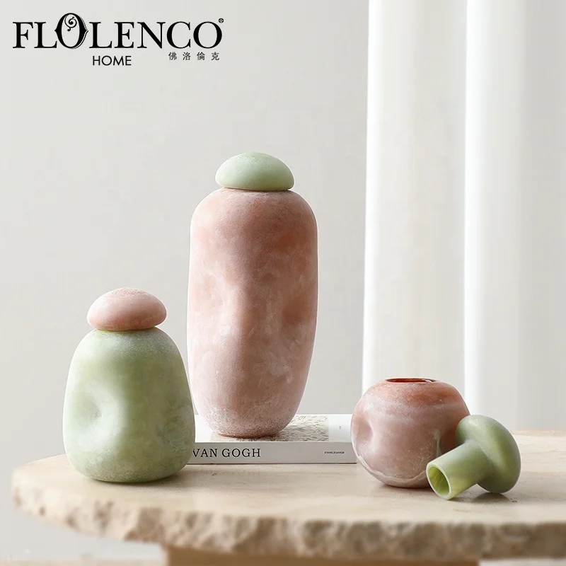 Flolenco Home Decor Morandi Color Glass Vase with Lid Interior Tabletop Decoration Handmade Glass Flower Vases Decorative Items