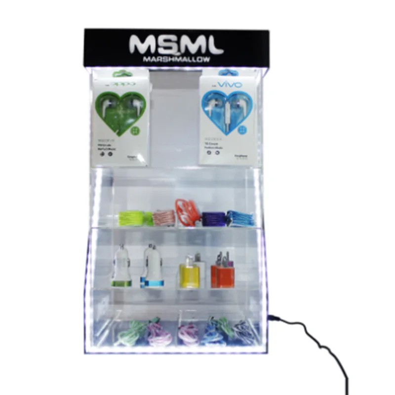 Factory custom store black led pmma acrylic mobile cell phone accessories display box case led phone accessories display stand