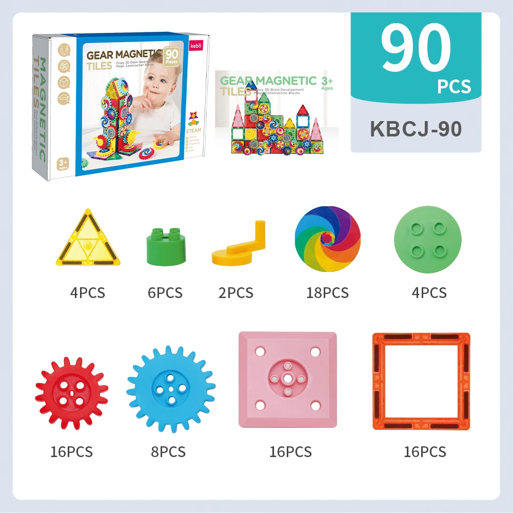 90pcs ABS Plastic Creative Magnetic Tiles Building Block Gears Toy Connecting Brick Learning Preschool Set Stem Educational Toys