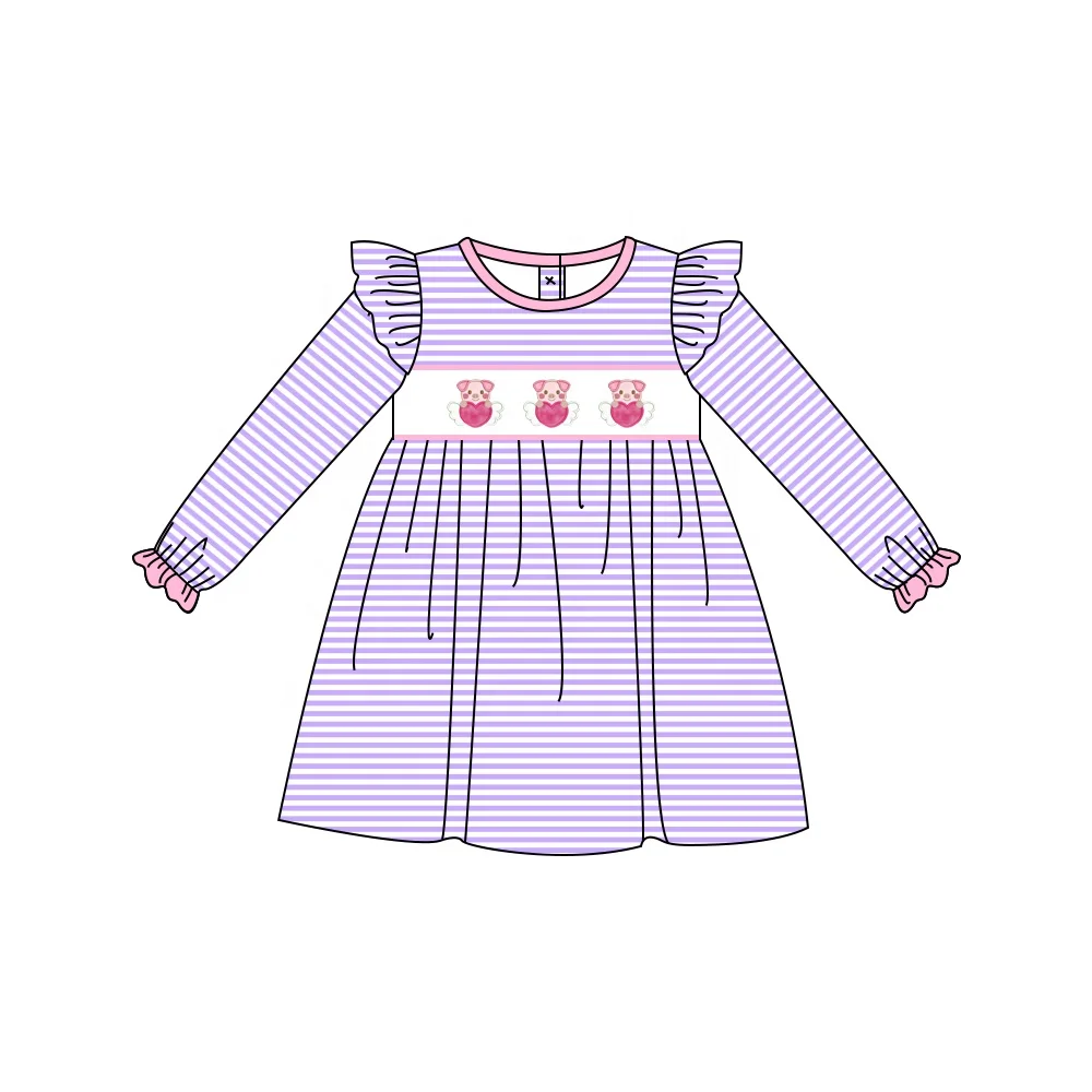 2022 New year New design popular kids clothes Three little pigs holding love wings prints embroidery cute girl dress