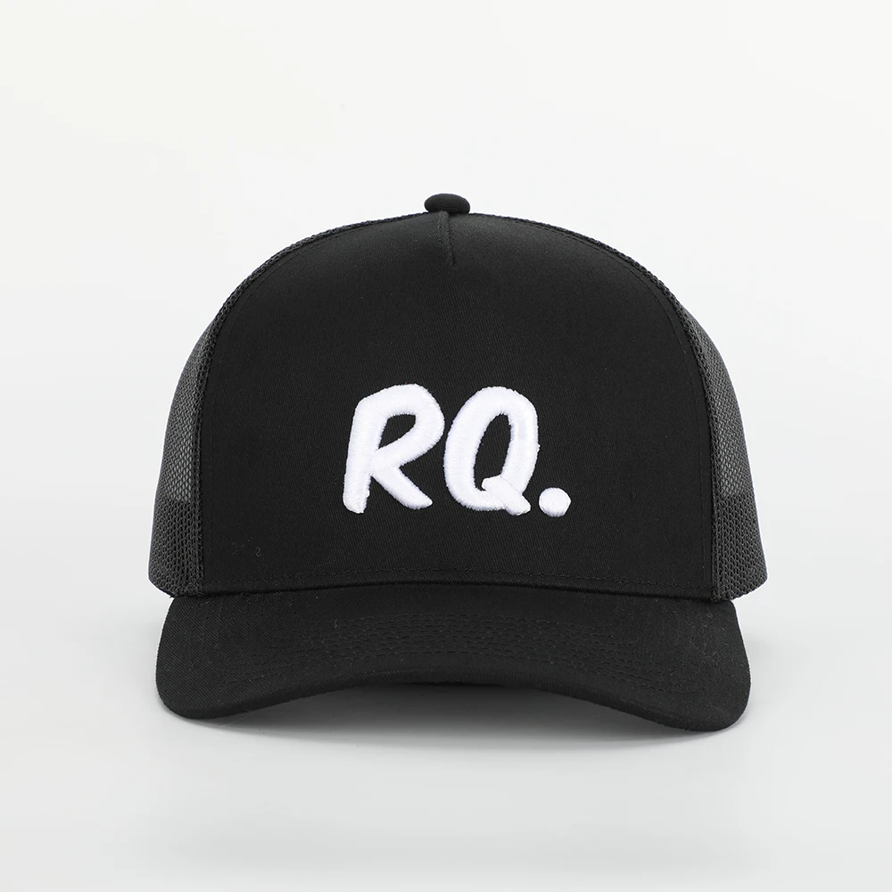 Oem Custom High Quality 5 Panel Cotton 3D Embroidery Logo Curved Brim Plain All Black Mesh Snap Back Trucker Cap Hat