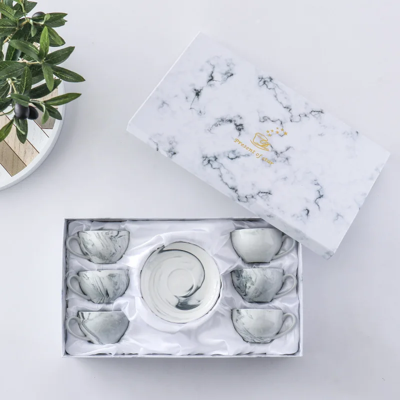 Pink Ceramic Tea Cup Set Marble Design Cups and Saucers