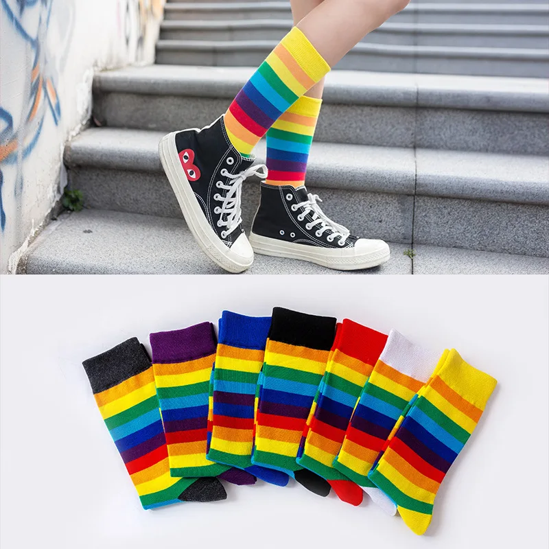 Spring fancy rainbow stripe pride women crew slouch socks young ladies girls couple ankle cotton socks