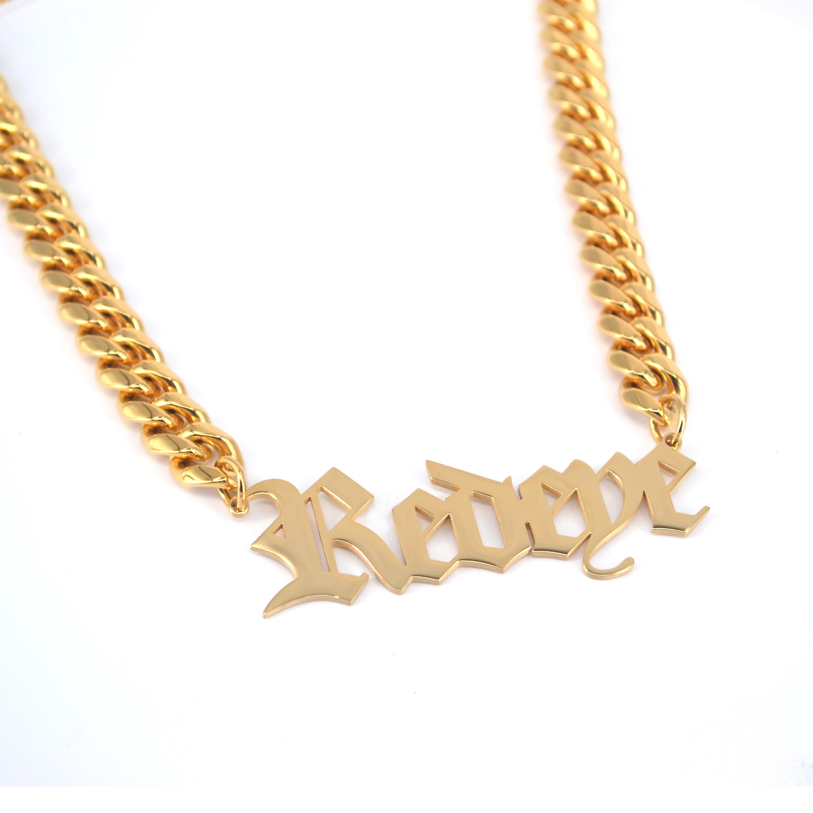 stainless steel gold plated name plate necklace with big cuban chain