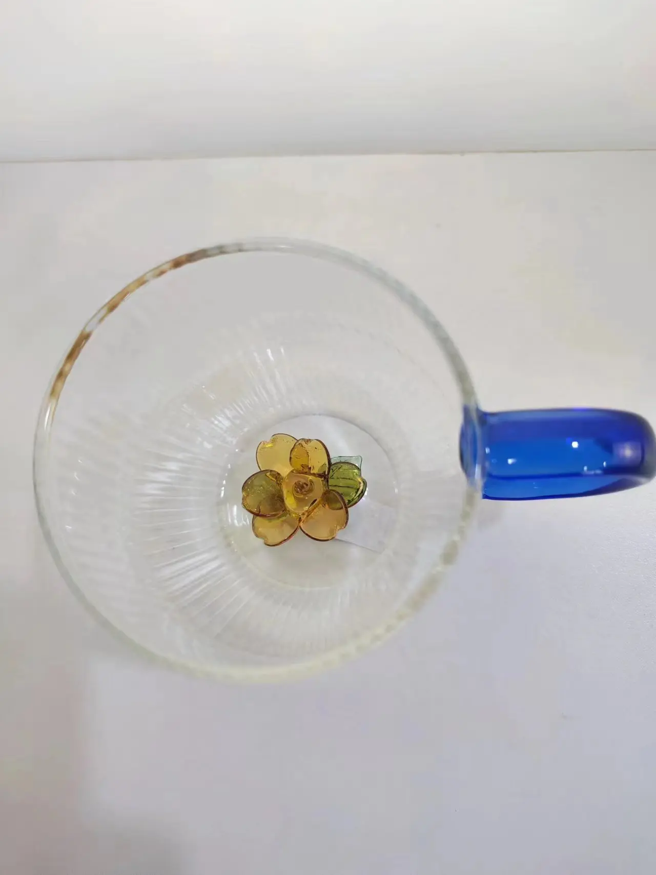 Wholesale Striped Glass Mug With 3D Flower Inside Hand Blown Food Grade Glass Cup With Handle Coffee Cup